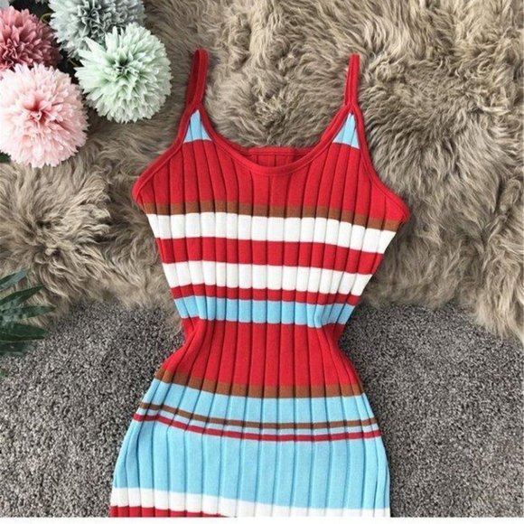 Women Ribbed Woven Bodycon Dress Small S Blue Red White Stretch Wide Stripes - Picture 12 of 15